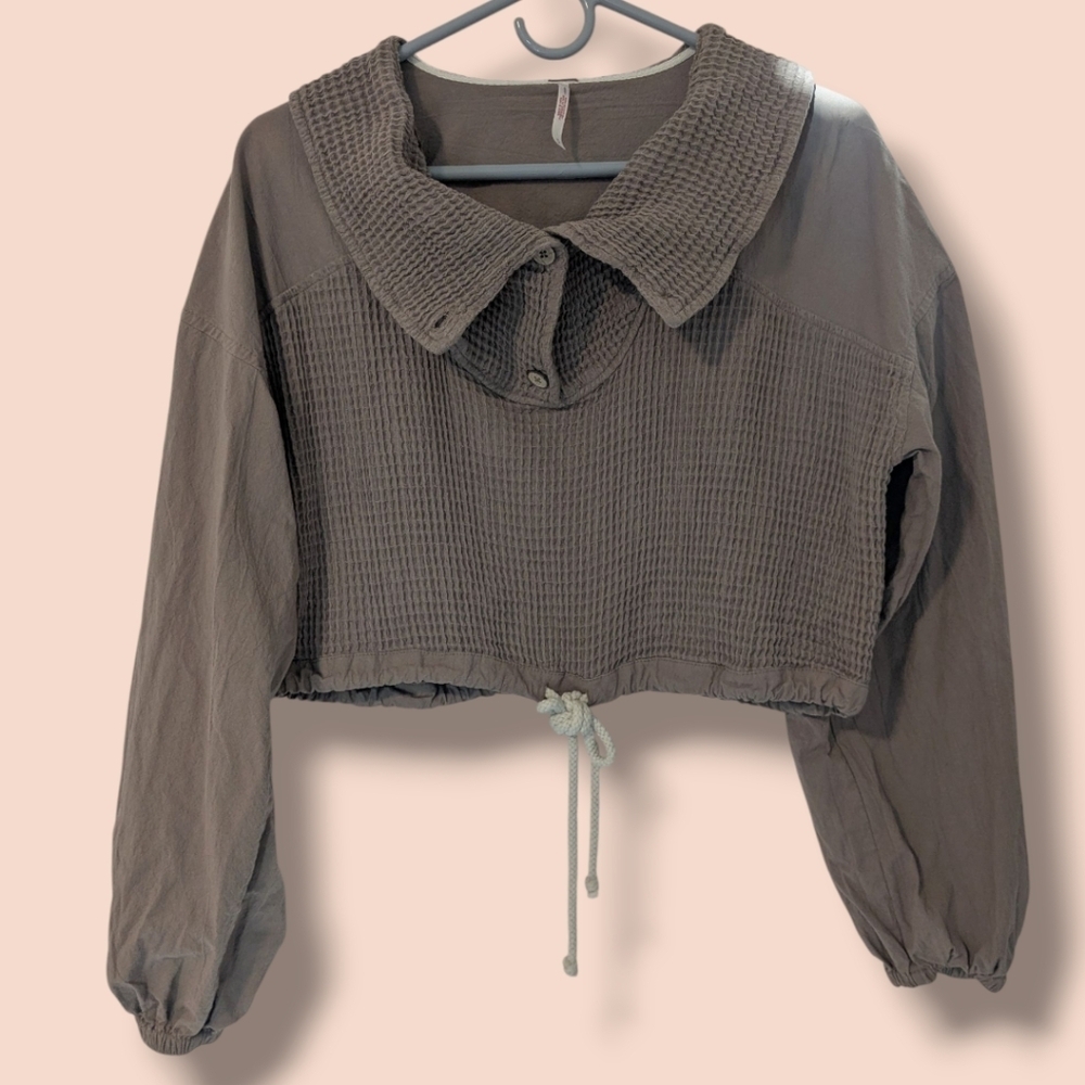 Free People Brown Cotton Puff Sleeve Collared Button-Up Cropped Waffle Knit Top